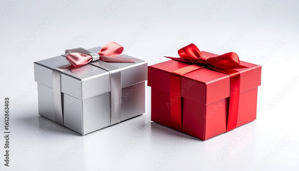 Fototapeta premium Two gift boxes, silver and red, with ribbons