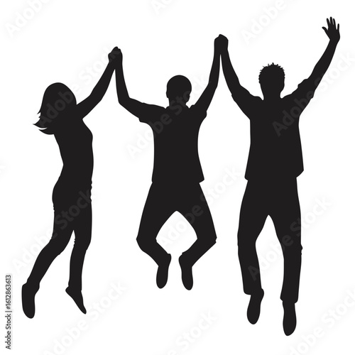 Dynamic Silhouettes of People Jumping with Exuberance Capturing Joyful Moments of Celebration and Movement in a Graphic Composition