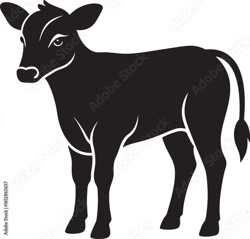 Black silhouette of a young calf standing on a white background isolated on white background