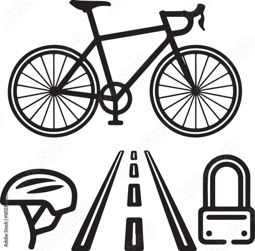 Urban Bicycle Icons — Line Vector Set of Road Bike, Bike Lane Symbol, Bicycle Wheel, Helmet, and Lock
