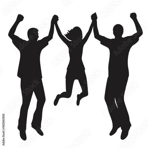 Dynamic Silhouettes of People Jumping with Exuberance Capturing Joyful Moments of Celebration and Movement in a Graphic Composition