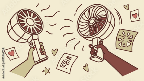 Illustration of handheld fans cooling with love and stars for summer heat relief and comfort air flow