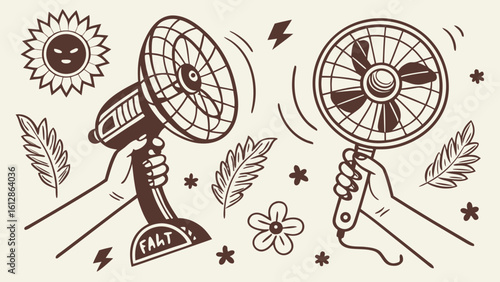 Stay cool with portable fan summer heat relief hand fans electric fans cooling breeze personal fan illustration
