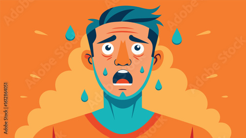 Fear and anxiety depicted in vibrant colors with a man sweating in an intense emotional moment during a challenging experience