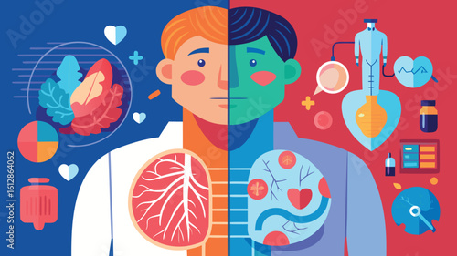Representation of human body systems showing heart, brain, and circulatory functions in a colorful split design