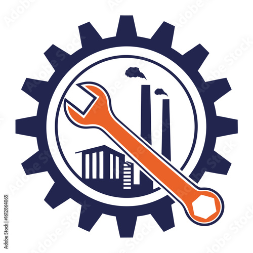 Orange wrench is displayed across navy blue gear and factory silhouette on a white backdrop