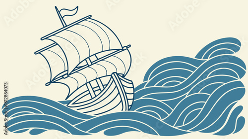 Vintage sailing ship in stormy ocean waves illustration for nautical themed art and graphic design projects