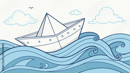 Paper boat sailing on blue water waves illustration with clouds and bird for children and kids drawing