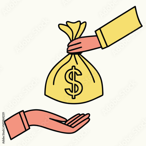 Giving hand offers yellow money bag with dollar symbol to the recipient