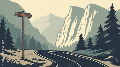 Mountain road trip adventure scenic landscape illustration with direction sign and trees for travel 100