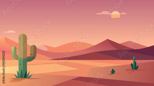 Desert landscape at sunset featuring cacti and rolling hills with warm tones and serene atmosphere in a cartoon style