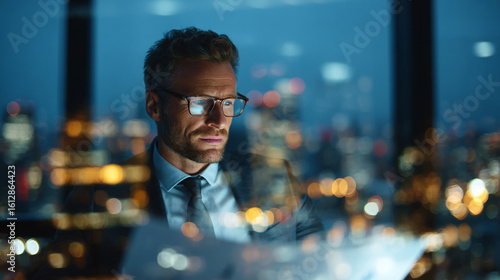 Fototapeta Naklejka Na Ścianę i Meble -  A focused businessman in glasses reads a document in an office at night with city lights