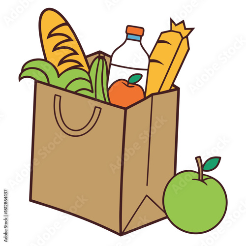 Grocery paper bag overflowing with loaf bread, carrots, orange, milk bottle, and apple
