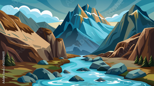 Stunning mountain landscape with a flowing river amidst rocky terrain and vibrant skies during daytime