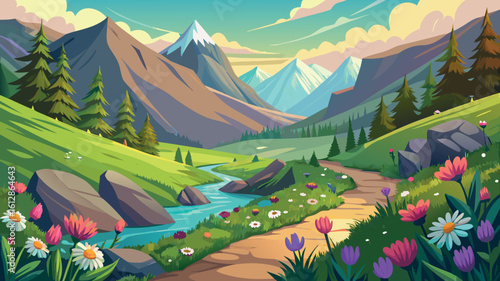 Scenic mountain landscape with a river and vibrant flowers under a colorful sky during the daytime