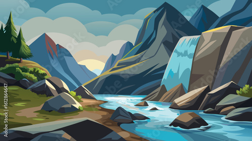 Scenic waterfall cascading down rocky mountains at sunset in a tranquil valley