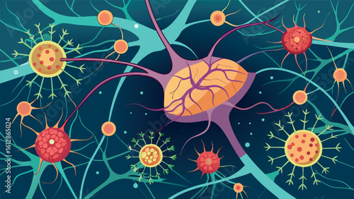 Neurons and synapses interact in a vibrant illustration showcasing the complexity of the nervous system