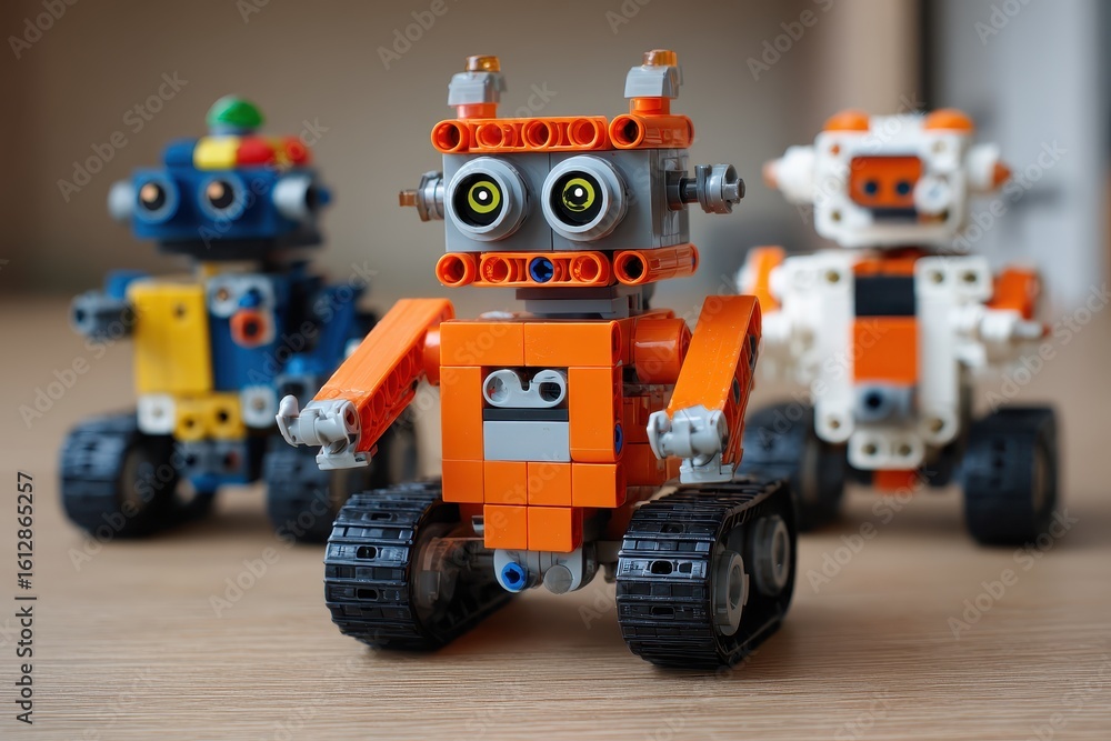 Fototapeta premium Engaging and educational robotics for kids showcasing colorful and interactive robot models built from modular pieces on a wooden surface