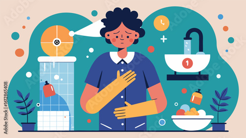 Person in kitchen experiences discomfort while preparing food and managing household tasks on a sunny day