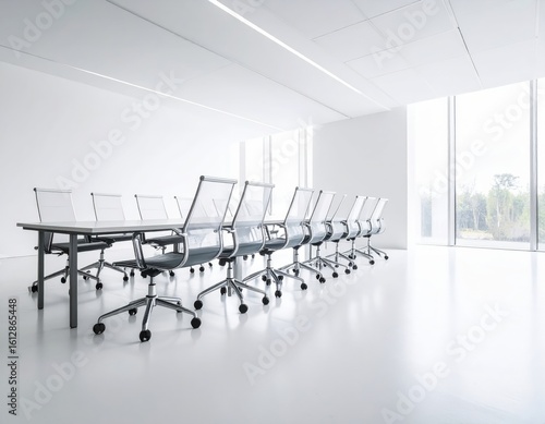 Bright Conference Room Modern Table and Chairs in Minimalist White Space with Natural Light.
