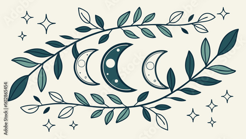 Moon phases botanical illustration crescent moons foliage stars celestial art print wall decor design vector