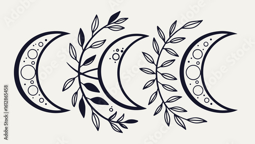 Moon phases with leaves illustration celestial lunar cycle crescent moon art mystical astrology design vector