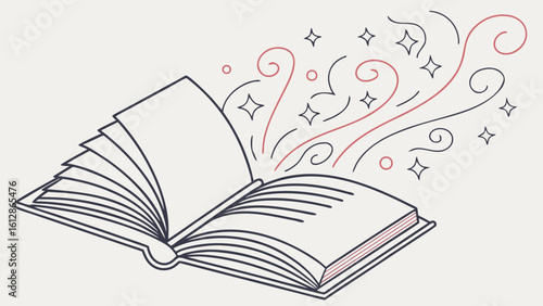 Open book with magical swirls and stars vector illustration for storytelling and reading concepts design