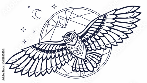 Detailed flying owl coloring page for adults and kids with moon and stars line art illustration