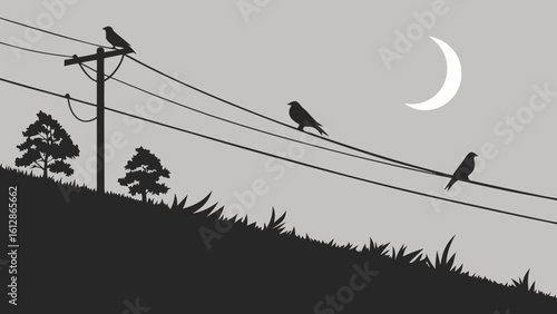 Birds on wire at night vector illustration silhouette moon scene power lines nature landscape graphic design