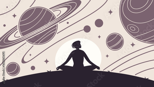 Meditation in space yoga pose silhouette woman planets stars cosmic background mindfulness vector illustration