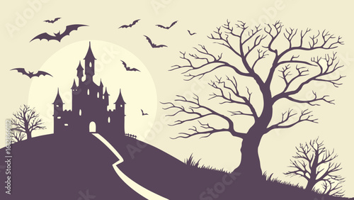 Halloween night scene with spooky castle bats and trees vector illustration background for design one hundred