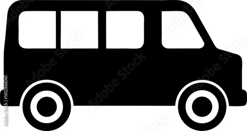 Black Silhouette of Classic Minibus with Elongated Body and Rectangular Windows in Clean Minimalist Style