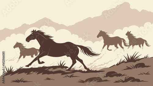 Running wild horses illustration vector graphic design animal equine mustang stallion thoroughbred racehorses art