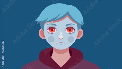 Youth with blue hair and facial mask expressing calmness in a modern digital illustration