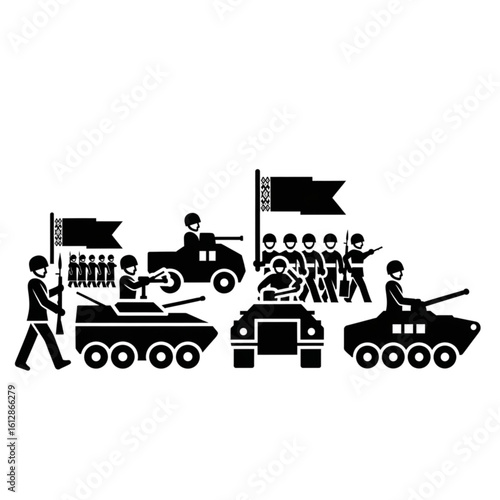 Pictogram of a military parade displaying armed forces, with soldiers marching, flags, tanks, and armored combat vehicles.