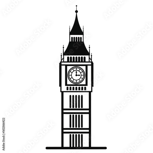 A minimalist black and white vector icon of the famous London clock tower, a symbol of England, Great Britain, and travel.