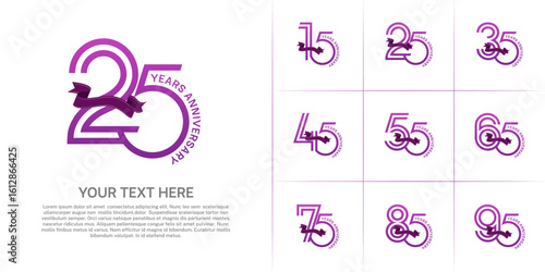 Anniversary logo type set with double line number. purple color with ribbon can be use special moment