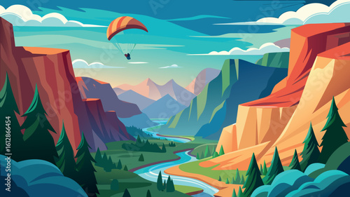 Paraglider soaring above a colorful canyon landscape at sunset with a winding river below