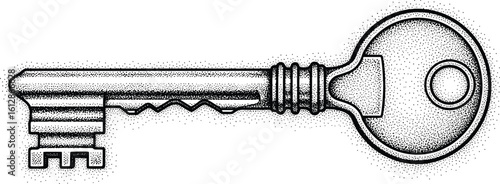 Vintage key illustration – hand-drawn stipple art of house or door key – retro black and white engraved security symbol