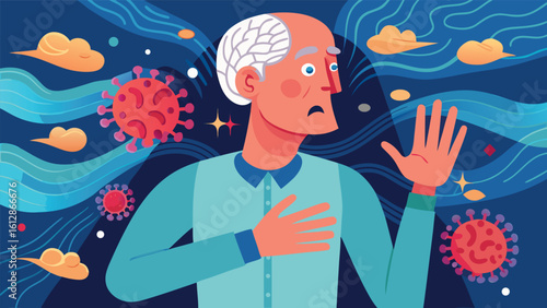 Man expressing concern about health amid floating virus symbols in a vibrant, artistic design