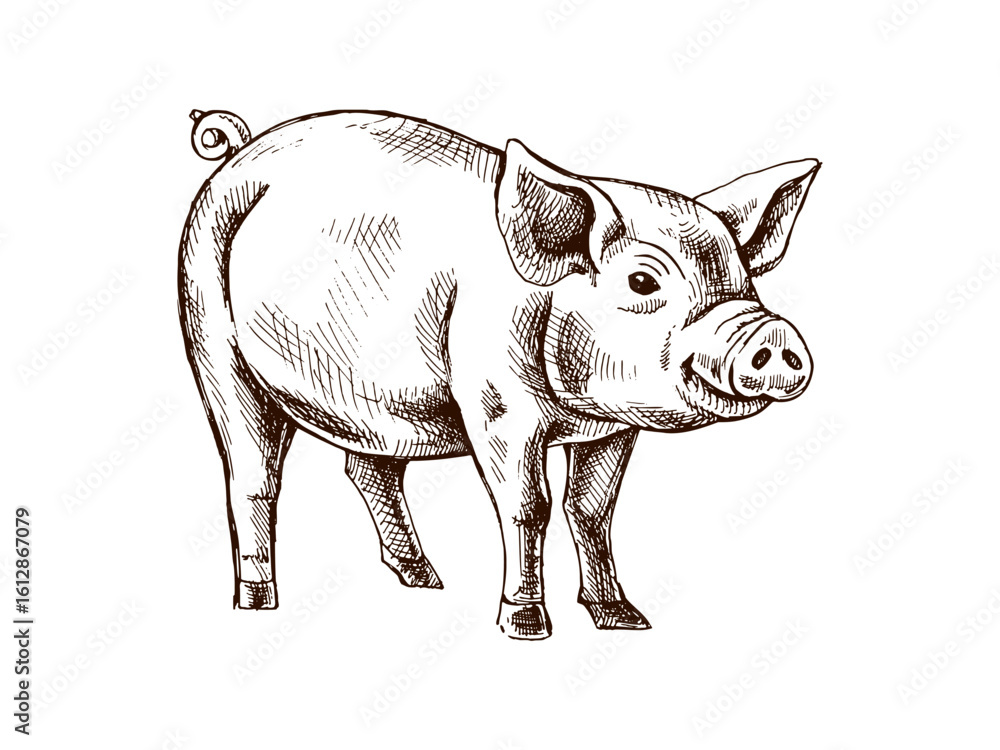 Fototapeta premium Hand drawn vintage sketch of domestic pig in engraving style, monochrome farm animal illustration isolated on white