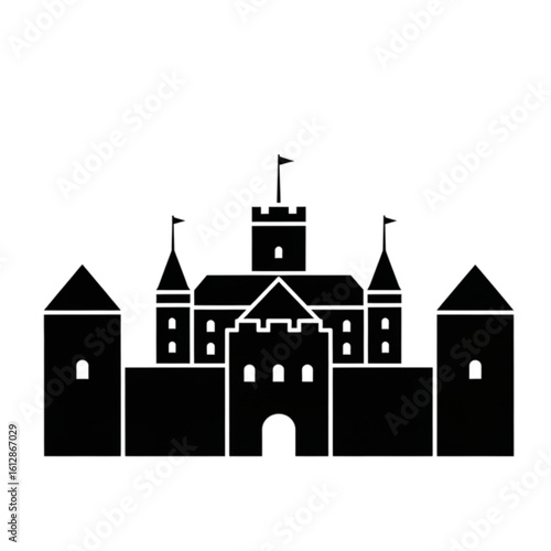 Black silhouette of a medieval castle with towers and a gatehouse. A simple vector icon of a historical European fortress or stronghold.