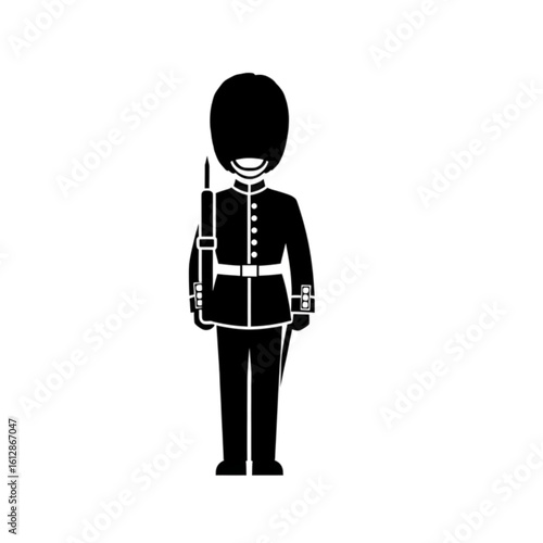 Simple black silhouette icon of a British royal soldier standing at attention. A vector graphic representing a London palace guard and UK tradition.