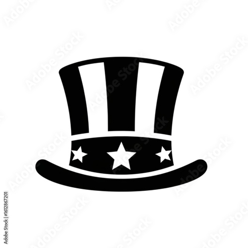 A classic black and white icon of a patriotic top hat. This American symbol with stars and stripes represents the USA and national holidays.