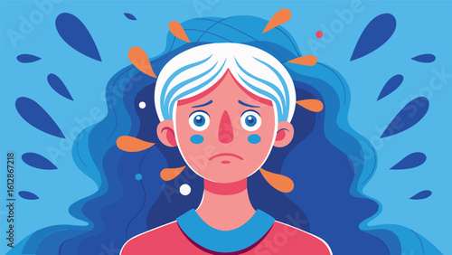Sad character with blue background expressing emotional distress and isolation drawn in a colorful cartoon style