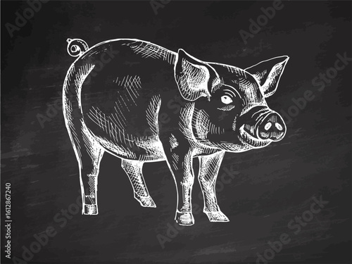 Hand drawn vintage sketch of farm pig in engraving style on chalkboard background, monochrome vector illustration
