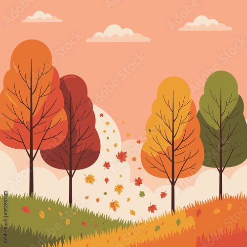 Autumn Landscape with Colorful Trees and Leaves
