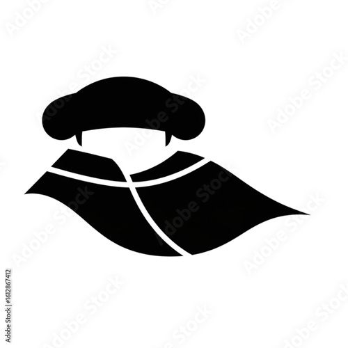 Sleek black silhouette icon of a vampire with sharp fangs and a high collar cloak. A minimalist and abstract graphic illustration for Halloween or horror-themed designs, isolated on white.