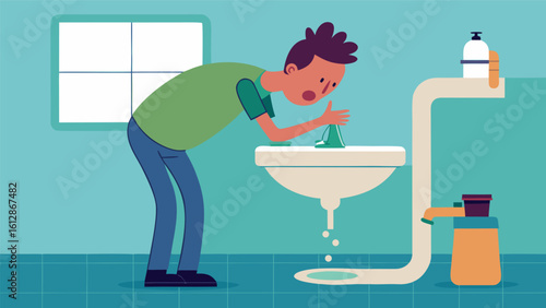Man struggling with a clogged sink and cleaning supplies in a bathroom environment during daytime hours