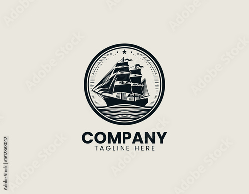 Vintage Sailing Ship Nautical Maritime Adventure Vector Logo Design